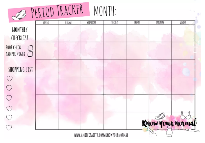 know your normal charity fund period tracker monthly month shopping list boob check pamper night coppafeel count the kicks