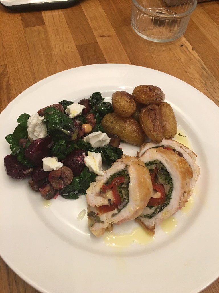 kalettes event michel roux jr school cactus kitchens chicken surpreme with kalettes red pepper and gruyere cheese roasted new potatoes thyme and salt and chestnuts beetroot and goats cheese warm salad