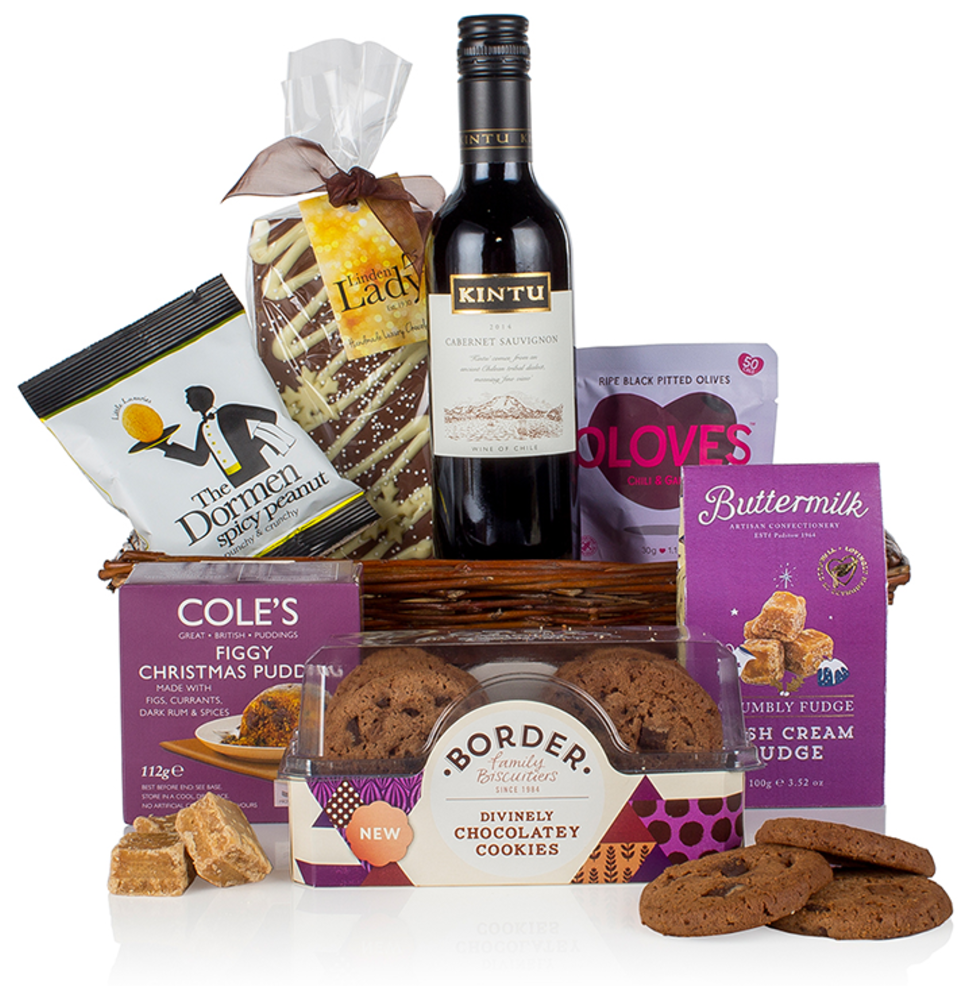 blossoming gifts the luxury christmas hamper figgy christmas pudding, border chocolate cookies, condor red cabernet sauvignon dormen spicy peanut irish cream fudge oloves olives lady chocolate review giveaway raising the rings christmas bonanza