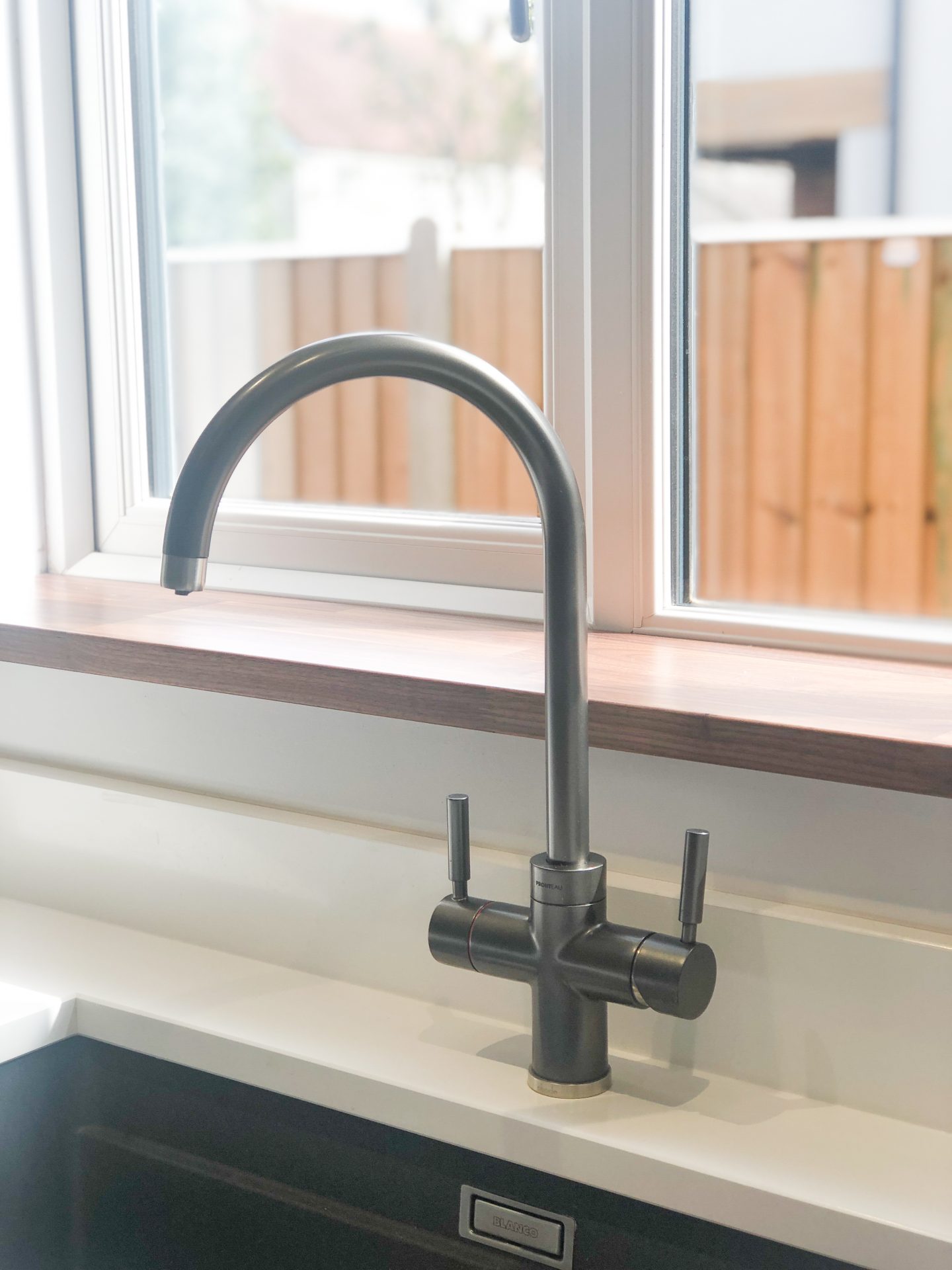 making our house a home why we chose a hot tap instead of a kettle close up of abode pronteau 3-in-1 tap in brushed nickel fitted on white quartz worktop