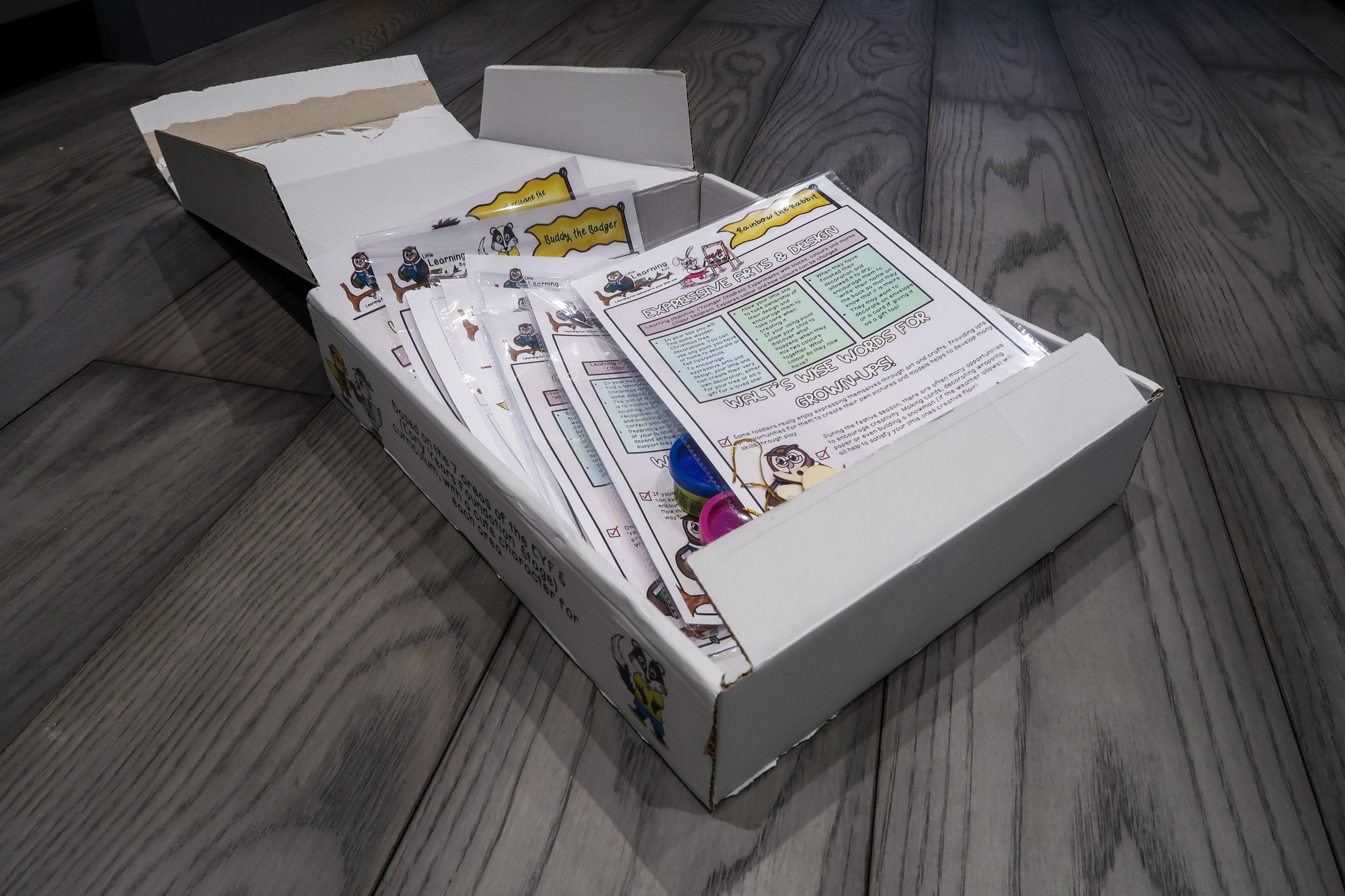 open white box on grey floorboards showing activities inside