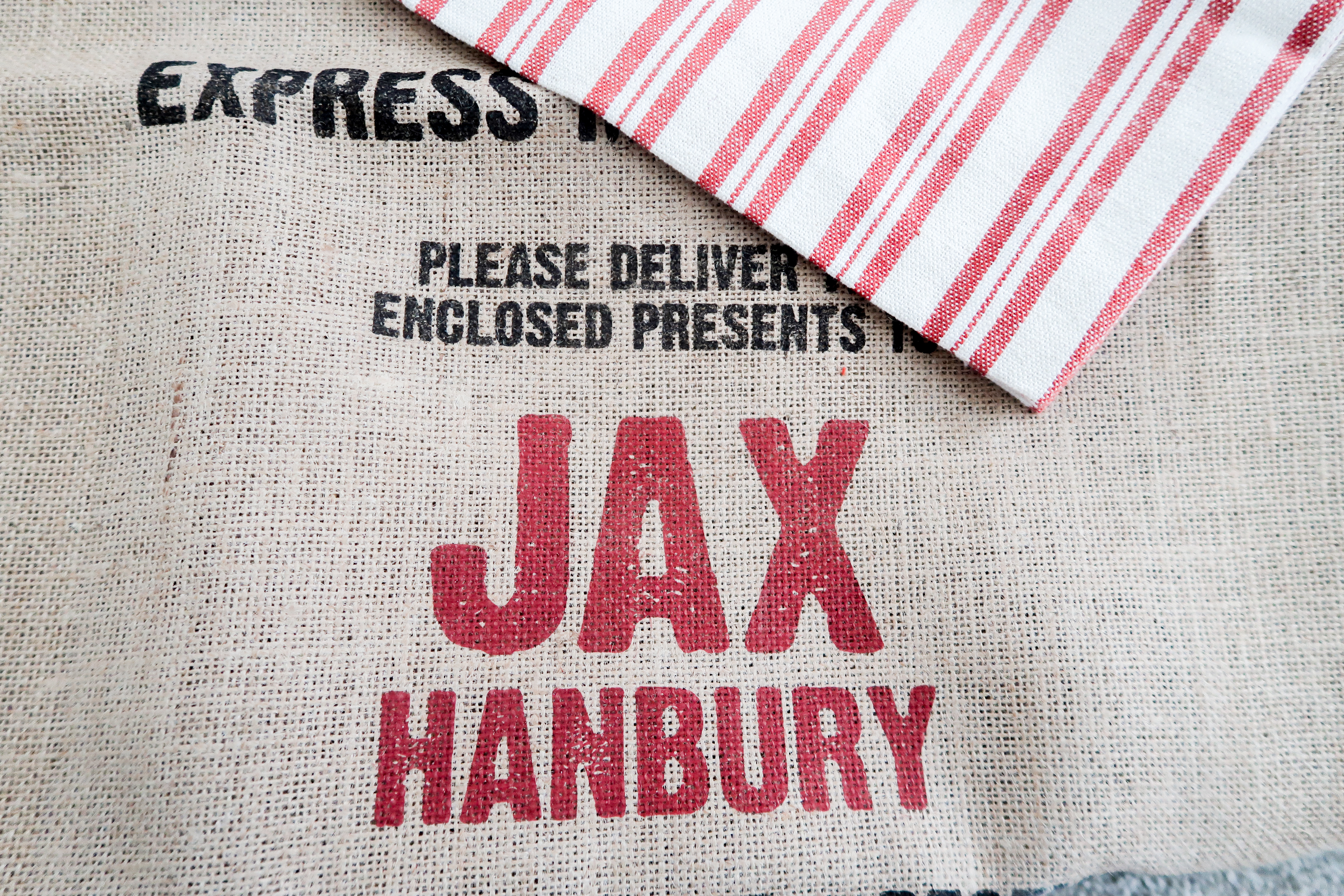 ticking trim personalised christmas sack hessian stamped