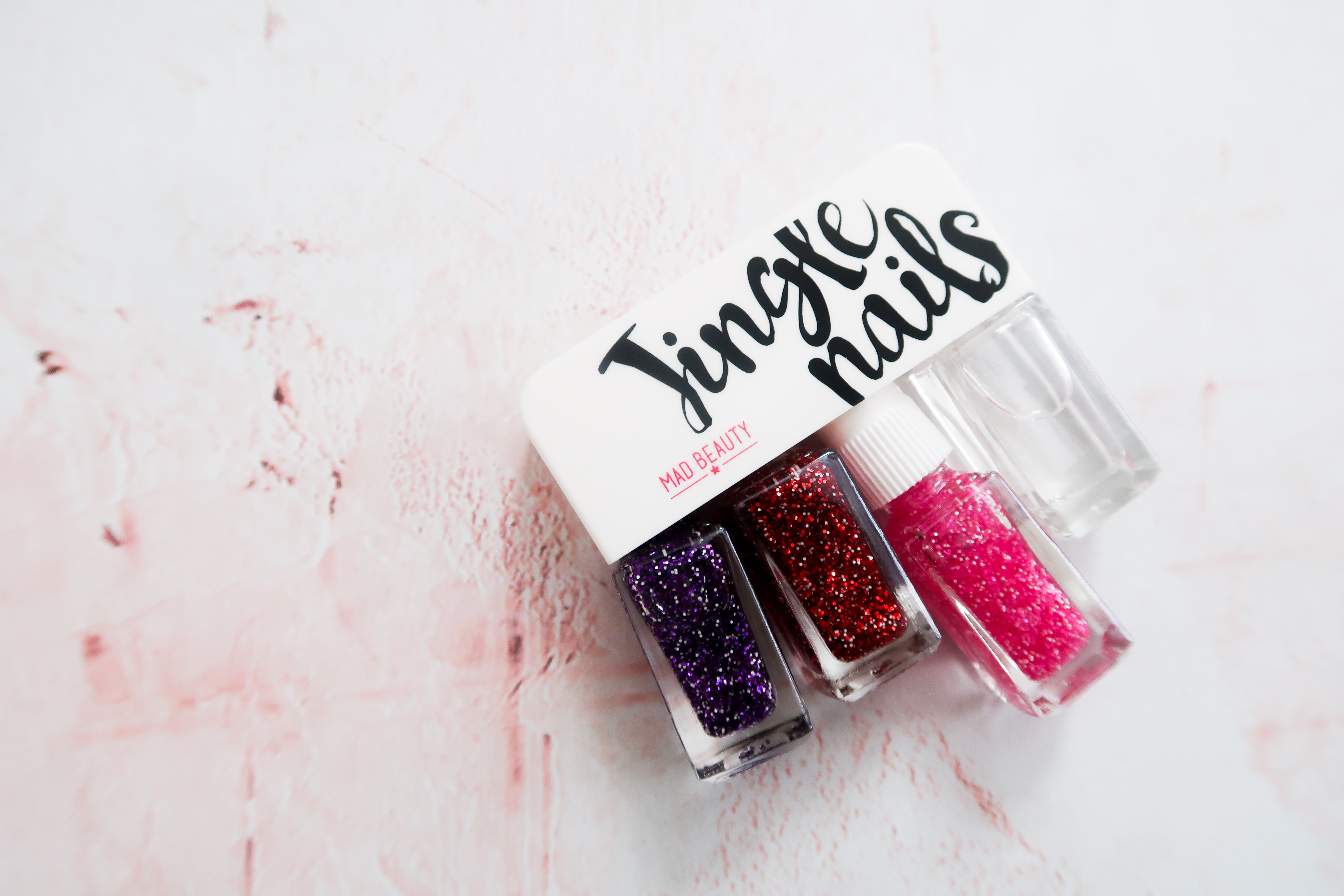 nail varnish set purple, red or pink glitter with a clear top coat